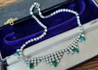 Vintage Art Deco Emerald Green & Clear Dropper Cocktail Party Necklace Choker