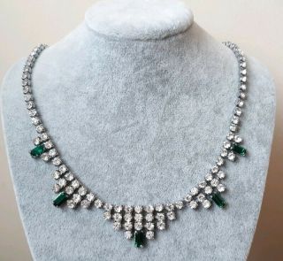 VINTAGE ART DECO EMERALD GREEN & CLEAR DROPPER COCKTAIL PARTY NECKLACE CHOKER 2