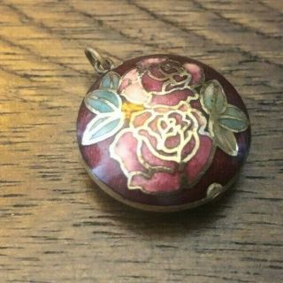 Vintage Chinese Cloisonne Red Round Pendant With Pink Roses And Gold Edging