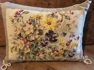 Petit Point Needlepoint Pillow Vintage Pansies Garden Well Done 15x11x3”