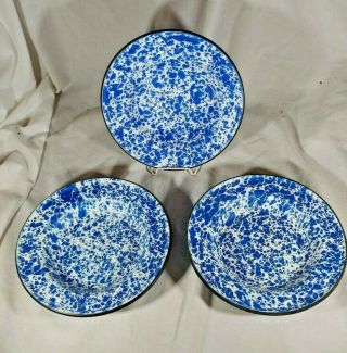 Set Of 3 Vintage Cobalt Blue And White Speckled Enamelware 8 " Bowls