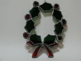 Vintage Lead Stained Glass Suncatcher Christmas Wreath 3