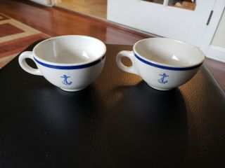 Pair Vintage U S Navy Blue Anchor Coffee Latte Tea Cup