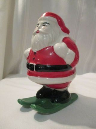 Vintage Ceramic Christmas Santa On Skis Planter Or Candy Cane Holder.  Japan