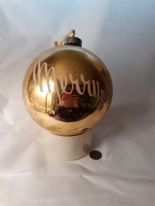 Vintage Extra Large Yellow Glass Ball Christmas Ornament Santa Merry Christmas