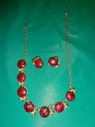 Vintage Coro Goldtone Red Confetti Lucite & Clear Rhinestone Necklace W/earrings
