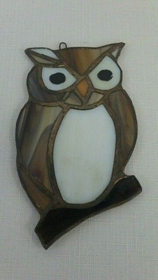 Vintage Stained Glass Owl Suncatcher Window Hanging Brown