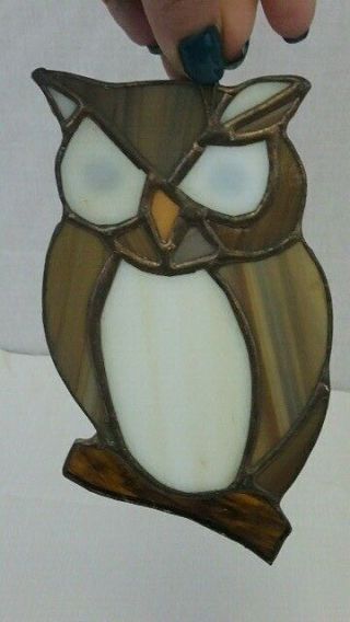 Vintage Stained Glass Owl Suncatcher Window Hanging Brown 3