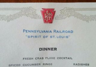 Pennsylvania Railroad Named Train Dinner Menu 1928 Spirit Of St.  Louis