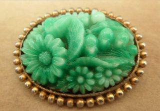 Vintage Jewellery Jade Green Glass Floral Brooch Pin