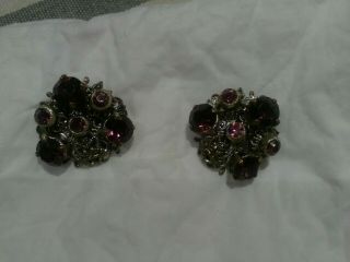Vintage Clip On Earrings Filigree Purple And Silver Colour Stunning Early Period