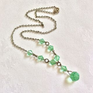 Vintage Art Deco Czech Green Faceted Crystal Glass Dropper Necklace