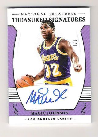 2018 - 19 National Treasures Magic Johnson Auto /5 Los Angeles Lakers On Card Sp