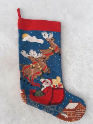 Vintage Needlepoint Christmas Stocking Santa Toys Chimney Imperial 17.  5 "