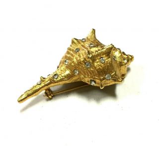 Gorgeous Vintage 3 - Dimensional Rhinestone Conch Shell Figural Brooch Gold Hh213i