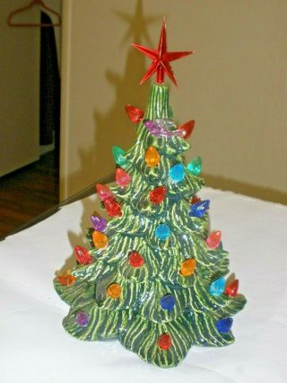 Vintage Small Ceramic Christmas Tree With Lights & 3 Birds.  & Star - 10 "
