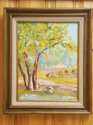 Vtg Heing 15.  5 " X18.  5 " Pastoral Grazing Livestock Meadow Acrylic Painting Framed