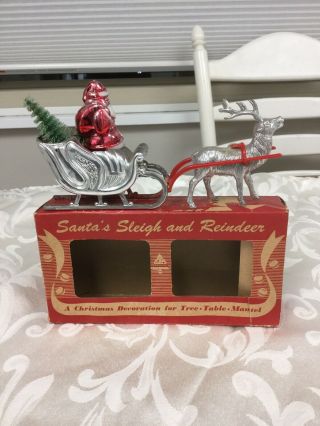 Vintage Mid Century Hard Plastic Santa Sleigh And Reindeer Bradford