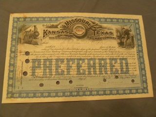 Stock Certificate (1896) B3691 Missouri,  Kansas And Texas Railway Company