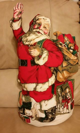Vtg Cloth Stuffed Santa Claus 21 " Printed Standing Fabric Holiday Pillow.