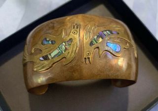 Vintage Hecho En Mexico Copper/brass & Abalone Inlay Cuff Bracelet Pisces