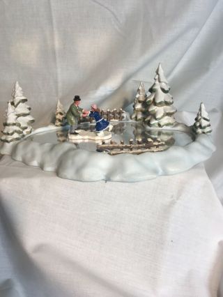 Vintage Hand Painted Porcelain Skating Pond Christmas Decor 12 " X 9 "