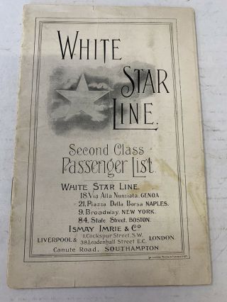White Star Line - Ss Arabic Second Class Passenger List,  July 1910
