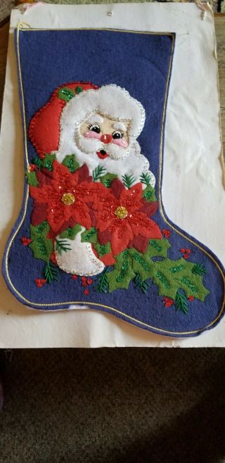 Vintage Bucilla Santa & Poinsettia 18 " Felt Christmas Stocking 82418 Completed