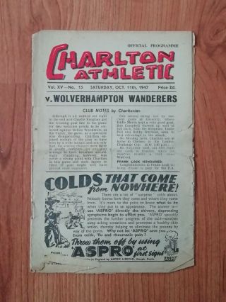 Charlton Athletic V Wolves Football Programme 1947 - 48 - Div One - Vintage Post War