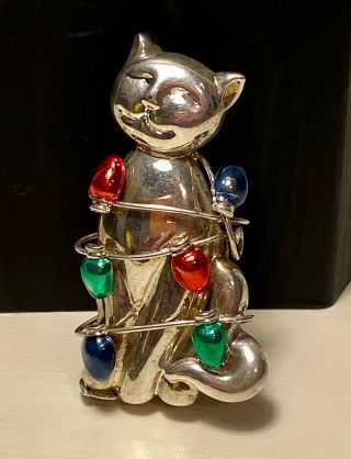 Silver Tone Kitty Cat Pin Brooch Vintage Unique Christmas Lights Entangled.