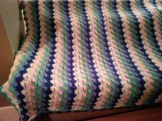 Afghan Crochet Crocheted Handmade Vintage Pastel Pink Teal Blue Shell Pattern