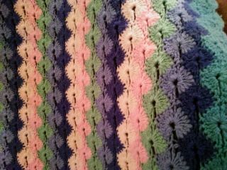 Afghan Crochet Crocheted Handmade Vintage Pastel pink teal blue Shell pattern 2