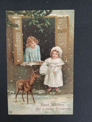 Vintage Christmas Postcard,  Two Young Girls With A Fawn In The Snow (eas)