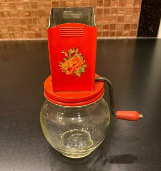 Vtg Nutmeg Nut Kitchen Grinder Chopper Anchor Hocking Glass Jar W Floral Decal