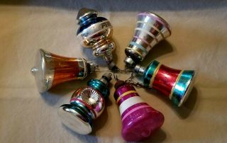 6 Vintage Striped Mercury Glass Bell & Indents Christmas Ornaments