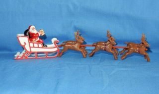 Vintage Plastic Santa In Sleigh With 6 Brown Reindeer Figure