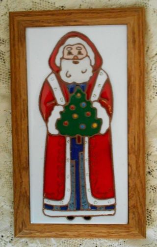 Vintage Siegel Arts Hand Painted Santa Father Time Tile Trivet Oak Wood Frame