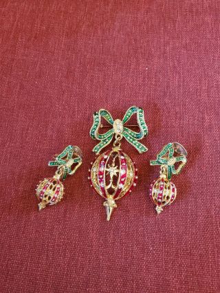 Vintage Christmas Ornament Brooch And Clip On Earrings With Rhinestones