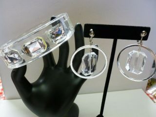 Vintage Clear Lucite Plastic Channel Set Rhinestone Hinged Bracelet & Earrings