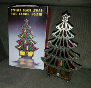 Vintage Cast Metal Stained Glass Christmas Tree Candle Holder