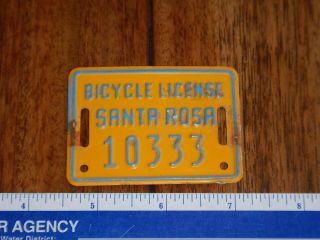 Vintage 1960s Santa Rosa,  California Bicycle Bike License Plate Tag 10333 Metal