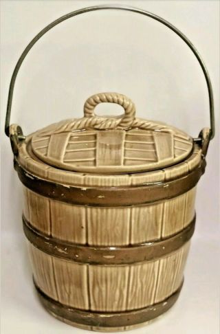 Vintage 9 " Mccoy Pottery Brown Basket Weave Barrel Cookie Jar W/ Copper Handle