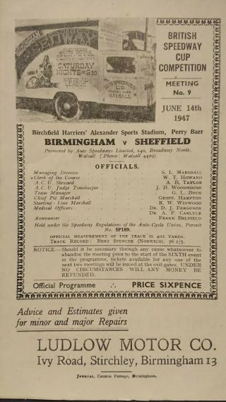 Vintage Speedway Programme June 1947 Birmingham V Sheffield Meeting No9