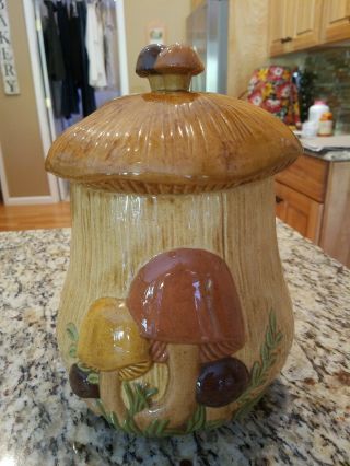 Arnels Vintage Brown Mushroom Pottery Cookie Jar Flour Canister 1977 10 " Tall
