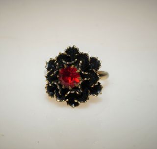 Vintage Red Rhinestone Black Enamel Gold Tone Flower Cocktail Ring Adjusts 5 - 8