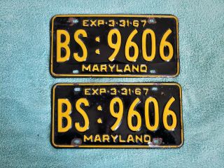 1967 Pair Maryland License Plate Tag Number Bs 9606 Vintage Md