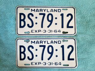 1964 Pair Maryland License Plate Tag Number Bs 79 12 Vintage Md