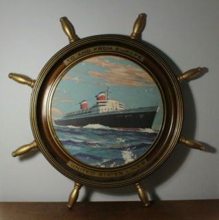 Vintage Mid 20th Century U S Lines Ocean Liner Wood Ships Wheel Advertising Sign