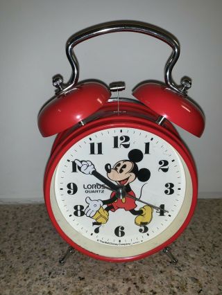 Disney Vintage Mickey Mouse Twin Bell Alarm Clock Lorus Quartz Red Japan