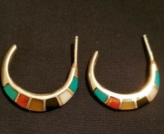 Vintage Earrings Southwestern Sterling Silver Turquoise Onyx Coral Mop Half Hoop